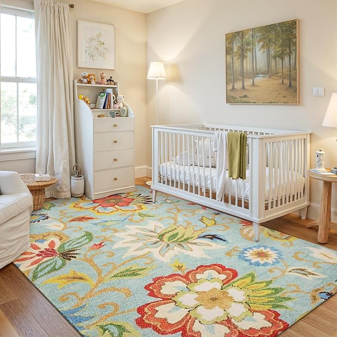 Lahome Machine Washable Floral Living Room Rug - 5x7 Area Rugs for Bedroom Non-Slip Large Low-Plie Soft Throw Nursery Kids Room Carpet Distressed Indoor Carpet for Dining Room Entryway Office
