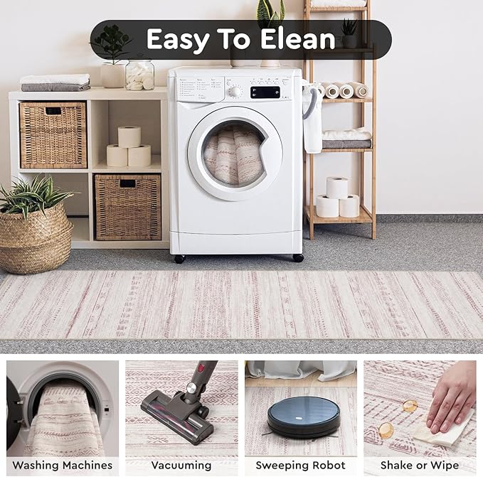 2x8 Pink Runner Rug Machine Washable Non Slip Area Rug Distressed Neutral Moroccan Boho Rug Ultra Soft Floor Runners for Hallways for Entryway Laundry Room Kitchen