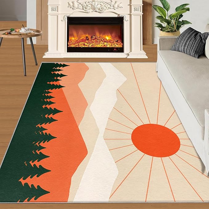 Boho Sun Area Rugs 4x6ft, Minimalist Mountain Carpet for Bedroom, Abstraction Deco Rug for Living Room Easy to Clean for Indoor Outdoor Hardwood Floors Home Decor