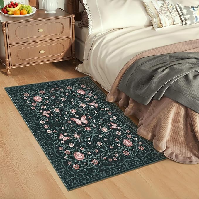 GarveeHome 2x3 Floral Area Rug Non Slip Entryway Mat Low Pile Stain Resistant Butterfly Kitchen Rugs Soft Small Throw Carpet for Dining Room Bedroom Washable Bow Rugs for Living Room Bathroom, 2x3