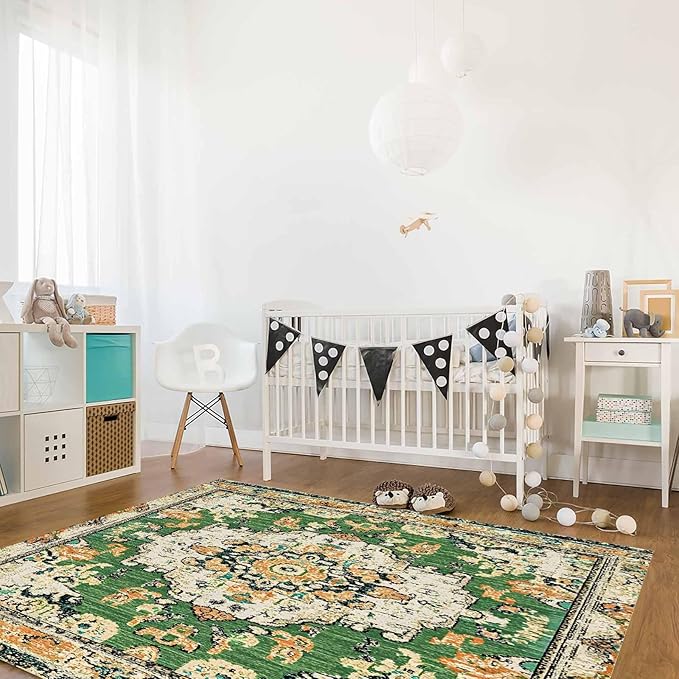 Bohemian Pattern Rectangular Area Rugs for Living Room Bedroom 5 x 8 ft Green & Orange Abstract Non-Shedding Soft Low Pile Rug Non Slip Washable Rug for Nursery Entryway Playroom
