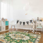 Bohemian Pattern Rectangular Area Rugs for Living Room Bedroom 5 x 6.9 ft Green & Orange Abstract Non-Shedding Soft Low Pile Rug Non Slip Washable Rug for Nursery Entryway Playroom