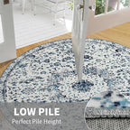 Easy-Going Round Rug 5ft Area Rug Washable Boho Circle Rugs for Living Room Non-Slip Bedroom Rug Low Pile Lightweight Floral Print Vintage Throw Rug for Dining Room Kitchen Home Office, Blue Cream
