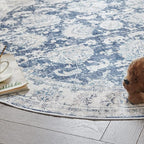 jinchan Fiora Round Rug 6ft Area Rugs Vintage Floral Distressed Design - Machine Washable Non-Slip Low-Pile Ultra-Thin Circle Rug for Entryway Bedside Living Room Bedroom (6' Round, Dark Blue)