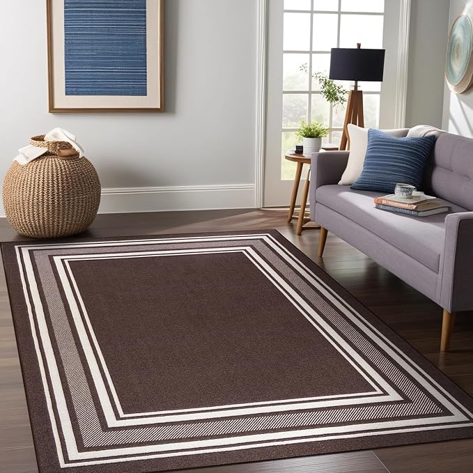 Beverly Rug Non Slip Area Rugs 5x7 Modern Bordered Non Skid Rubber Backing Soft Area Rug for Living Dining Room Easy to Clean Non Shedding Kitchen Bedroom Indoor Carpet 5 x 7 Brown
