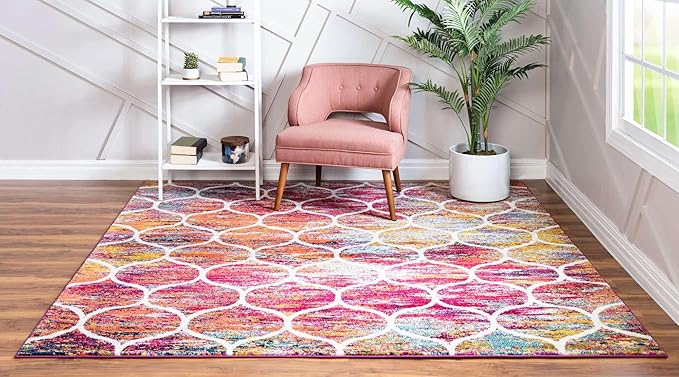 Rugs.com Lattice Frieze Collection Rug – 6' Square Multi Medium Rug Perfect for Living Rooms, Kitchens, Entryways