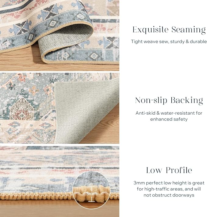 Phantoscope Washable Area Rug 9'x12' Non-Slip, Vintage Neutral Rugs for Living Room, Bedroom, Dining Room, Distressed Boho Geometric Medallion Pattern, Low-Pile Foldable Floor Carpet, Dusty Blue/Multi