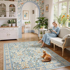 6x9 Area Rugs Living Room Rug - Floral Vintage Morris-Inspired Washable Carpet, Low Pile Non-Shedding Stain Resistance Boho Soft Carpet for Bedroom, Dining Room, Office, Farmhouse (6'x9' Blue/Orange)