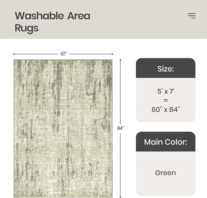 Valenrug Washable Rug 5x7 - Stain Resistant 5x7 Area Rugs for Living Room, Non Slip Backing Printed Rugs for Bedroom, Folable Machine Washable Area Rug(Green,5'x7')