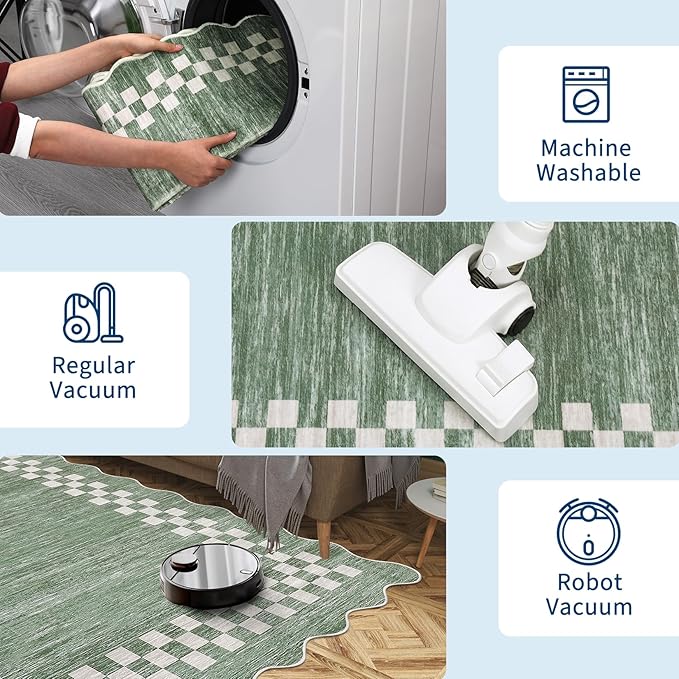GarveeHome Scalloped Washable Rug 9x12 Area Rug for Living Room Modern Border Large Bedroom Throw Carpet with Rubber Backing Stain Resistant Boho Rug for Dining Room Home Decor Office, Green