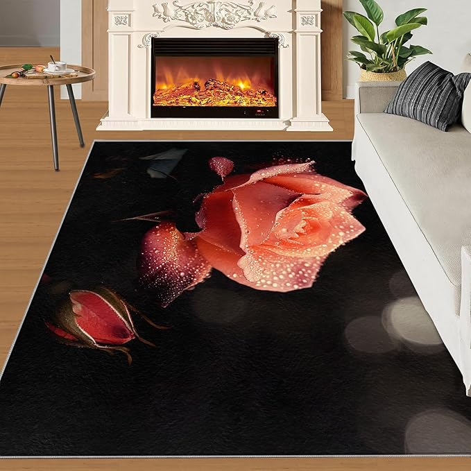 3x5 Florals Dorm Rug - Natural Flowers Small Rugs for Bedroom, Realistic Rose Area Rug Washable Non Slip for Bedroom Kitchen Living Room Entryway