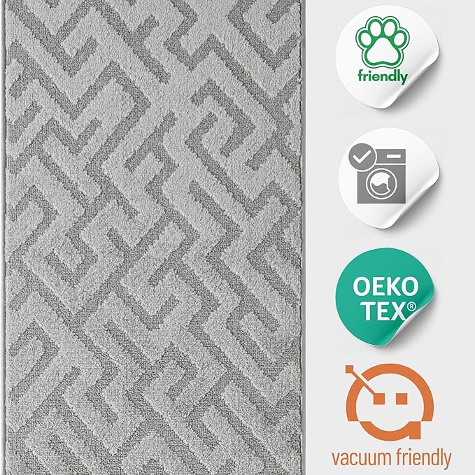 24ft Runner Rug by Custom Size - Deco Grey | Non-Slip Rubber Backed | Washable & Pet Friendly | Edge Bound