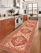SERISSA Runner Rug for Hallways, 2'6"x14' Washable Non Slip Kitchen Runner Rug, Extra Long Boho Rug Ultra Soft Vintage Red Beige Print Floor Carpet for Bedroom Hallway Entryway Bathroom Laundry Room