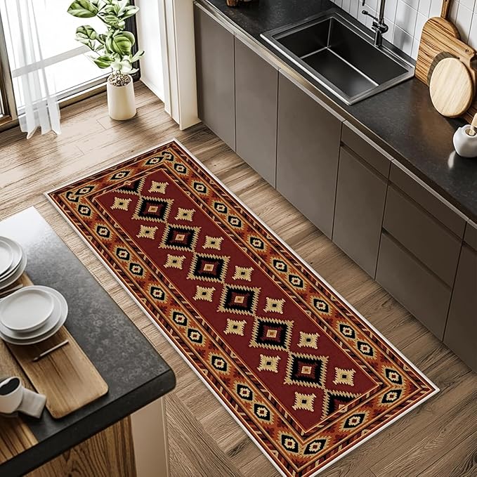Burgundy Diamond Runner Rug, 3x10ft Hallway Runner Rugs - Corridor & Foyer Area Rugs, Non-Slip Mat Durable Rug, Washable Flannel Material, Southwestern Geometric Home Decor Carpet
