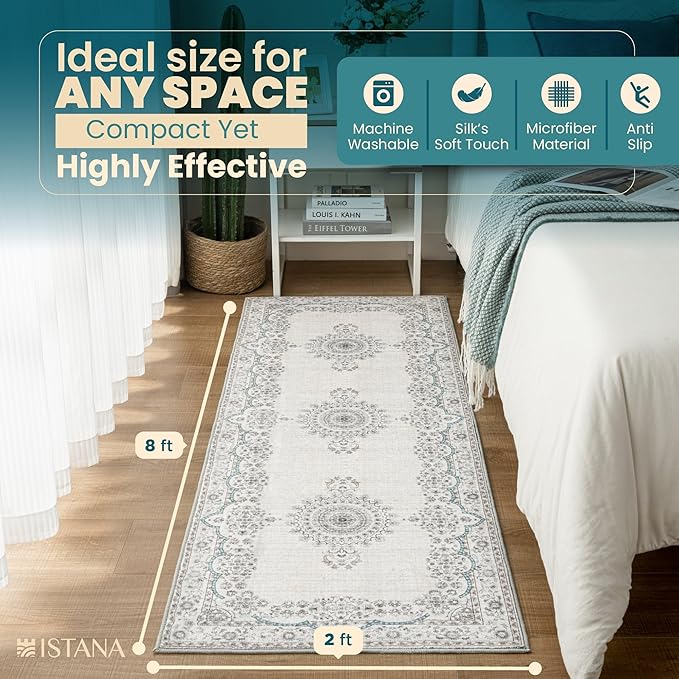 Istana Hallway Runner Rug 2x8 – Pink Beige Whisper/Grey/Blue Entryway Rug -Silk's Soft Touch Runners for Hallways - Stylish Kitchen Runner Rug Non Slip