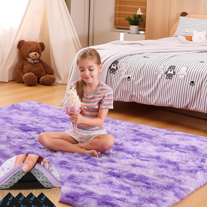 4x6 Rugs for Bedroom, Fluffy Small Area Rugs for Living Room,Soft Shag Fuzzy Carpet with 4 Non-Slip Stickers for Kids Boys and Girls Nursery Room Dorm Home Decor (Tie-Dyed Purple, 4ft x 6ft)