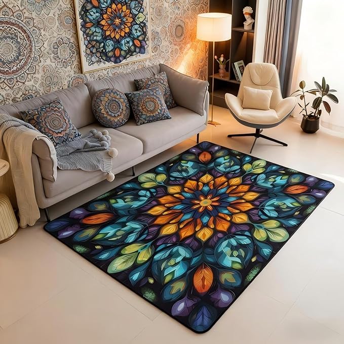 Vintage Mandala 3x5 Area Rug Bohemian Style Watercolor Flower Rugs for Living Room | Boho Floral Washable Rug, Antique Decor Victorian Damask Carpet Indoor Floor Mat
