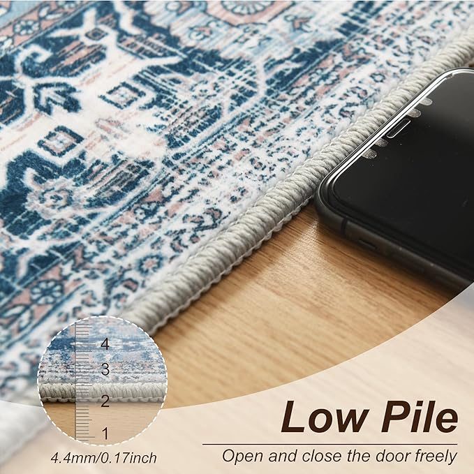 XWZO Runner Rug 2x10ft for Long Hallways, Washable Non-Slip Low Pile Area Rug with Rubber Backing, Spill Resistant Soft Vintage Floor Carpet for Kitchen Entryway Stair Landing Living Room, Blue