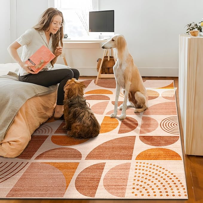 MUJOO Boho Rug Washable,4x6.5 Area Rugs for Bedroom Living Room Bedside Office,Throw Floor Carpet Non Slip Soft Indoor Modern Abstract Bohemian Orange