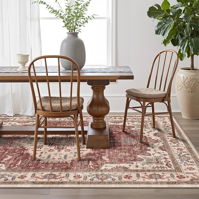 LUMI 4x6 Washable Area Rug for Living Room, Ultra Soft Traditional Vintage Red Rugs Non Slip with Rubber Backing, Low Profile, High Traffic, Stain Resistant Carpets, Ideal for Bedroom, Dining Room