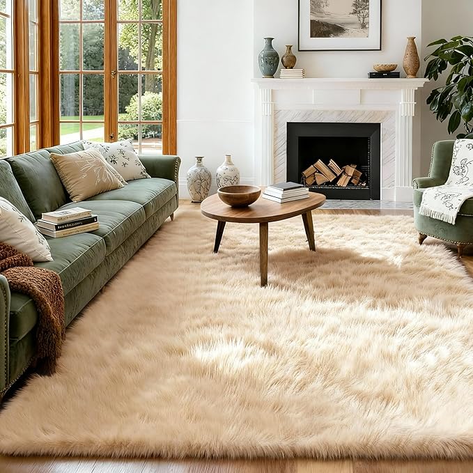 8x10 Solid Fluffy Camel Area Rug – Washable, Durable, Extra Large Living Room Rug, Non-Slip High Pile Shag Rugs for Bedroom, Playroom, Nursery Rooms, Kids Room, Soft Indoor Floor Carpet Decor