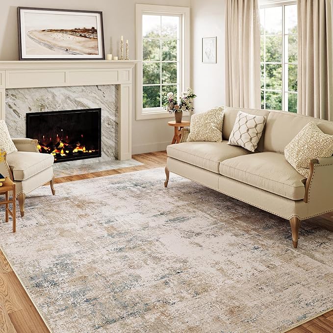 10x12 Area Rug Beige Blue Abstract Living Room Bedroom Washable Carpet Neutral Modern Non Slip Soft Low Pile Large Throw Rug for Dining Room Kitchen Office