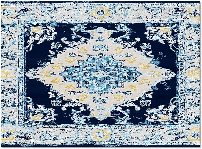 Bohemian Pattern Rectangular Area Rugs for Living Room Bedroom 5 x 8 ft Blue & Yellow Abstract Non-Shedding Soft Low Pile Rug Non Slip Washable Rug for Nursery Entryway Playroom