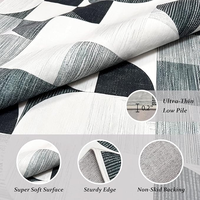 3x5 Rugs Machine Washable, Ultra-Thin Area Rugs for Bedroom Entryway Living Room Bedside Low-Pile, Boho Small Throw Floor Carpet Non Slip Soft Indoor Rug Modern Abstract Gray