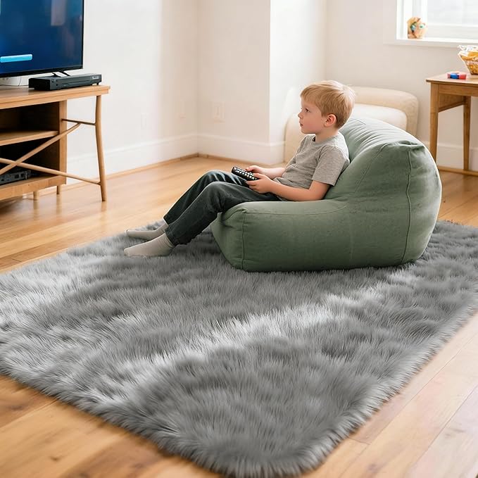 4x6 Solid Fluffy Grey Area Rug – Washable, Durable, Living Room Rug, Non-Slip High Pile Shag Rugs for Bedroom, Living Room, Bedside, Dorms, Nursery Rooms, Kids Room, Soft Indoor Floor Carpet