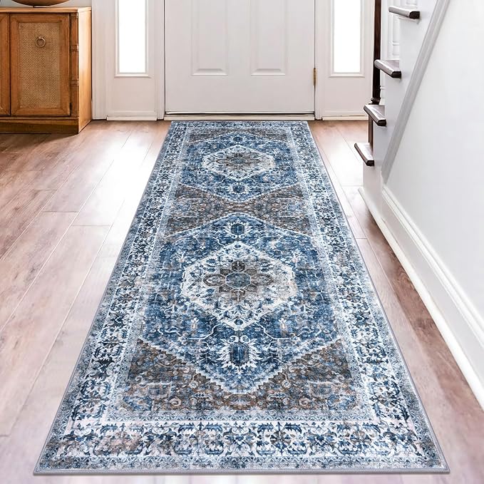 KOZYFLY Runners for Hallways 2.6x8 Ft Washable Kitchen Runner Rug Boho Runner Rug for Entryway Indoor Blue Printed Oriental Faux Wool Floor Carpet Runner for Bedroom Kitchen Hall