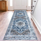 KOZYFLY Runners for Hallways 2.6x8 Ft Washable Kitchen Runner Rug Boho Runner Rug for Entryway Indoor Blue Printed Oriental Faux Wool Floor Carpet Runner for Bedroom Kitchen Hall