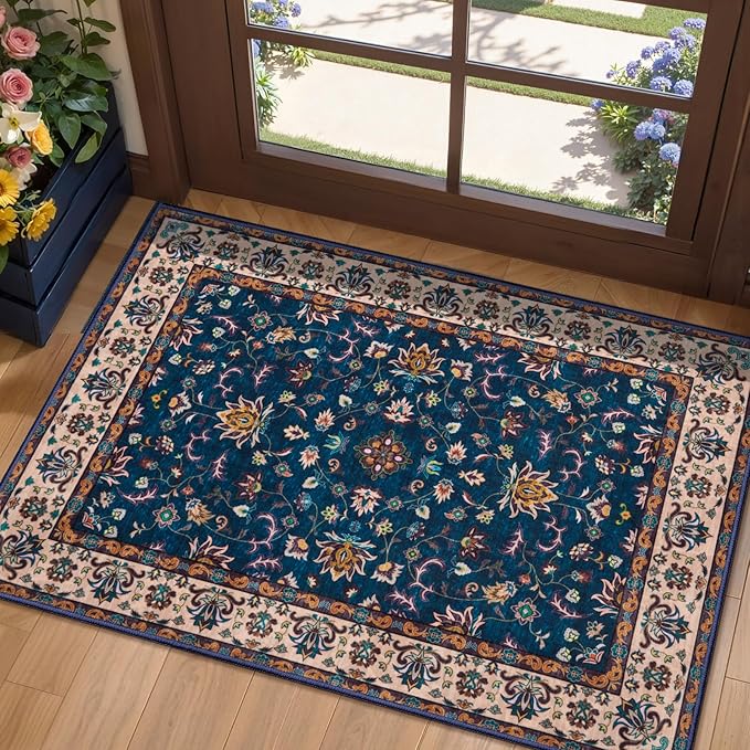 Tangsoo 2x3 Washable Rugs for Entryway, Small Area Vintage Floral Rug Non-Slip Soft Low Pile Rugs, Small Carpet Door Mat, Front Door Indoor Throw Rug for Entrance Kitchen Entry, Home Decor Navy Blue