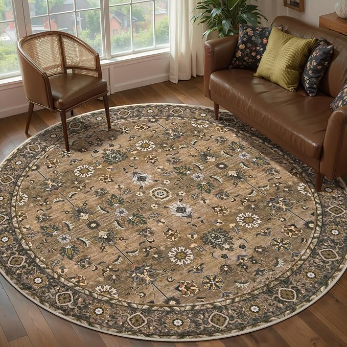 Tangsoo Vintage Round Rug 5ft, Washable Circle Rug, Non Slip Boho Round Area Rug, Low Pile Circular Rugs, Round Carpet for Bedroom,Livingroom,Nursery,Dorm,Office,Brown