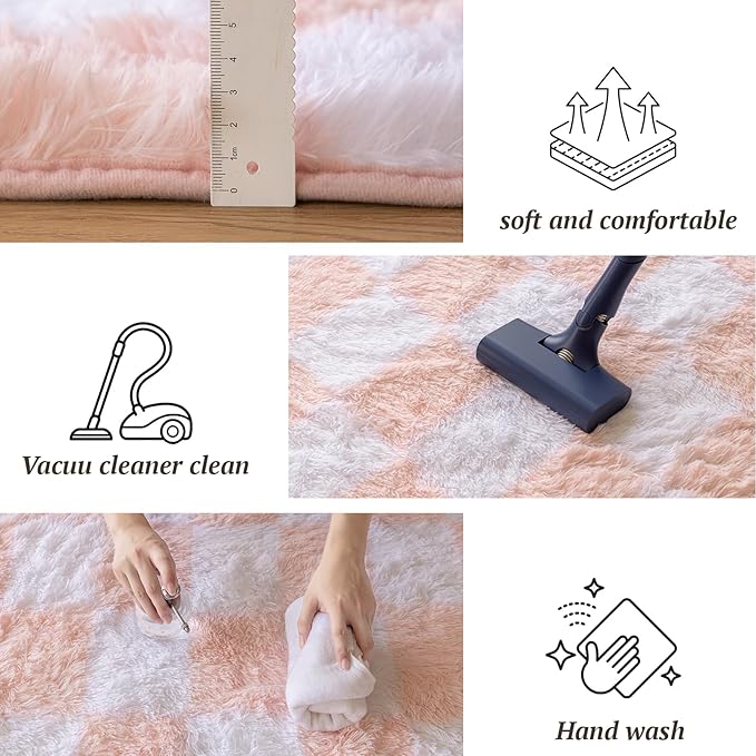 4x6 Area Rugs for Living Room Bedroom, Soft Fluffy Shaggy Bedside Rug, Indoor Floor Carpet for Kids Playroom, Dorms, Nursery Rooms, Home Decor (Pink & White 4'x6')