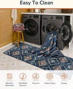 Area Rug 4x6 Rug Machine Washable Non-Slip Low Pile Print Pattern Western Rug for Living Room Bedroom Entryway Tribal Series -Darkblue