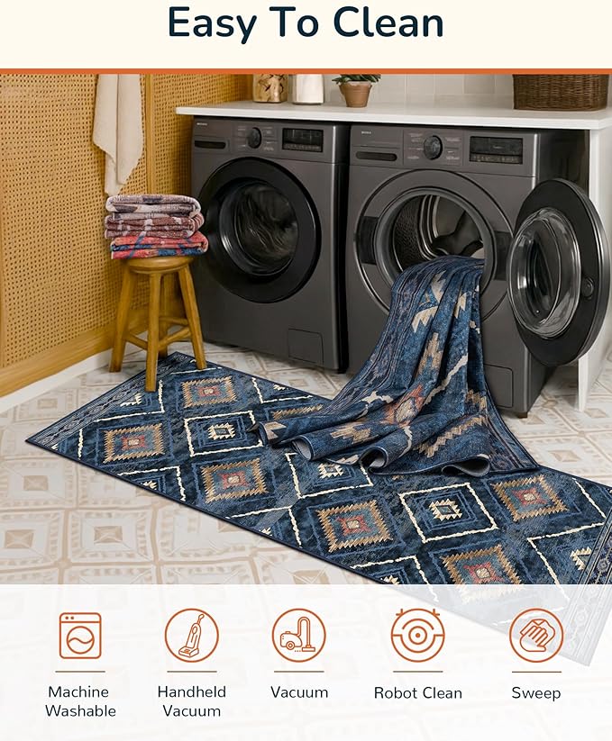 Area Rug 2x6 Rug Machine Washable Non-Slip Low Pile Print Pattern Western Rug for Living Room Bedroom Entryway Tribal Series -Darkblue
