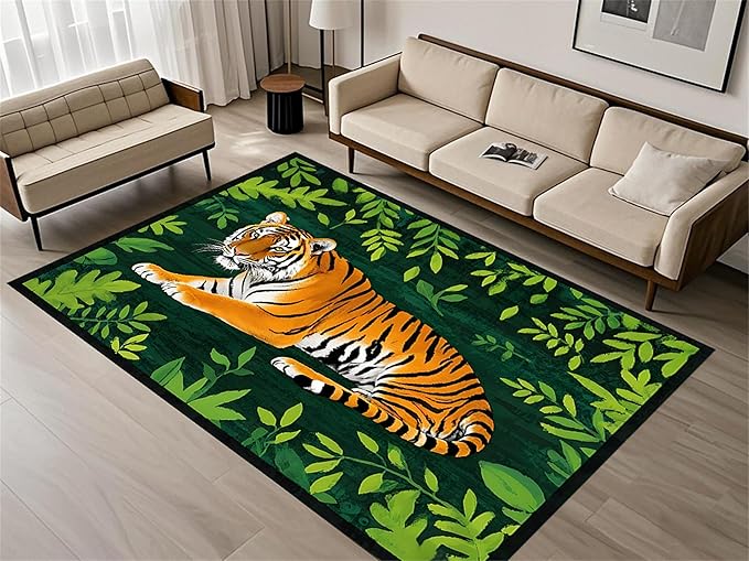 Tiger Rugs，5x7ft,Tiger and Green Leaf Print Rug for Living Room，A Colorful and Artistic Tiger Rug, Perfect for A Children's Play Area，Machine Washable Non-Slip Carpet Suitable for Bedroom and Study