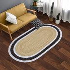 Flatweave Runner 2x20 Oval Kilim Jute Runner Hand Braided Jute Thick 0.27" Solid Pattern Black Beige Natural Oval Handmade Boho Indoor Outdoor Rugs for Hallway Enterway Corridor