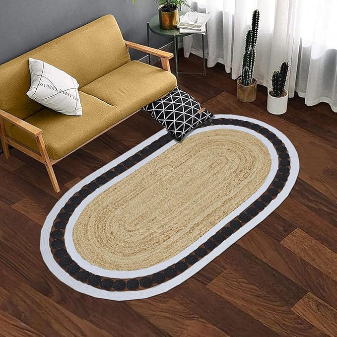 Oval Rugs for 12x18 Jute Oval Rug Natural Kilim Rug Thick 0.27" Solid Design Black Beige Hand Braided Jute Flatweave Mat Handmade Boho Indoor Outdoor Rugs for Bedroom Living Dining Room