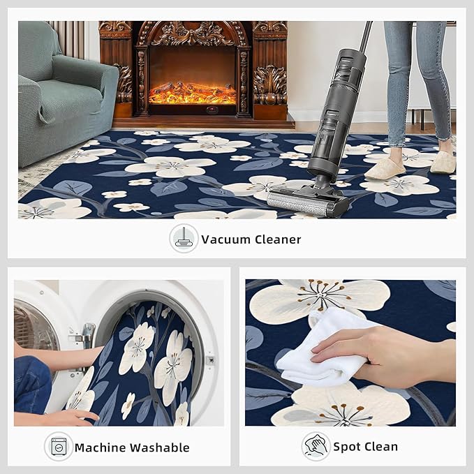 Boho Rugs for Bedroom - 6x9 Area Rug - Blue White Flowers Rugs for Living Room, Vintage Modern Flowers Rug, Washable Home Decor Carpet