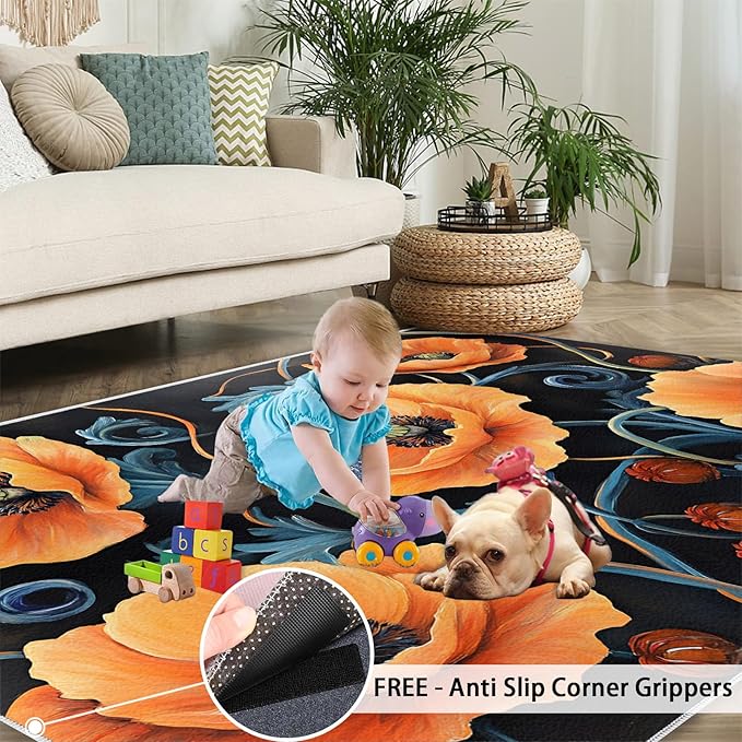 6x9 Poppy Living Room Rug - Retro Florals Art Bedroom Carpet, Rustic Flowers Art Classroom Rug for Carpet Boy Bedroom Office Nursery Hardwood Home Decor