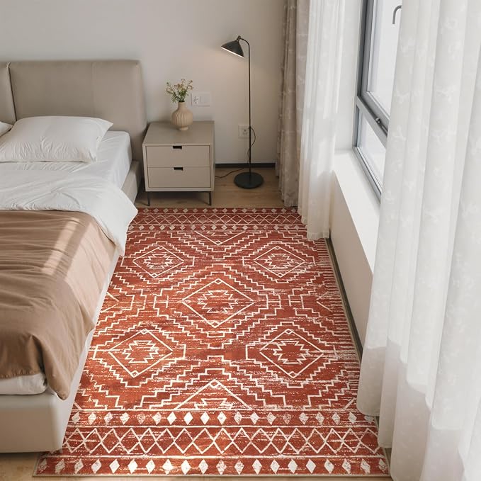 Wonnitar Moroccan Washable Area Rug, 3x5 Non-Slip Rugs for Living Room, Geometric Tribal Kitchen Entry Throw Mat, Soft Low Pile Non-Shedding Carpet for Bedroom Apartment Dorm (Brown,3'x5')