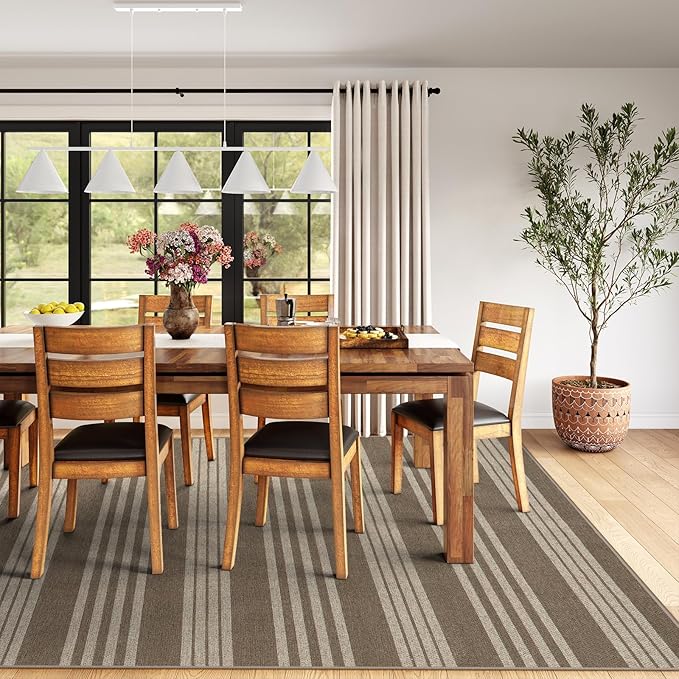 Lahome Striped Easy Jute Rug 8x10, Farmhouse Dining Room Rug Indoor Outdoor Carpet for Patio Living Room, Nature Non Slip Non Shedding Floor Carpet for Deck Sunroom Mudroom, Khaki