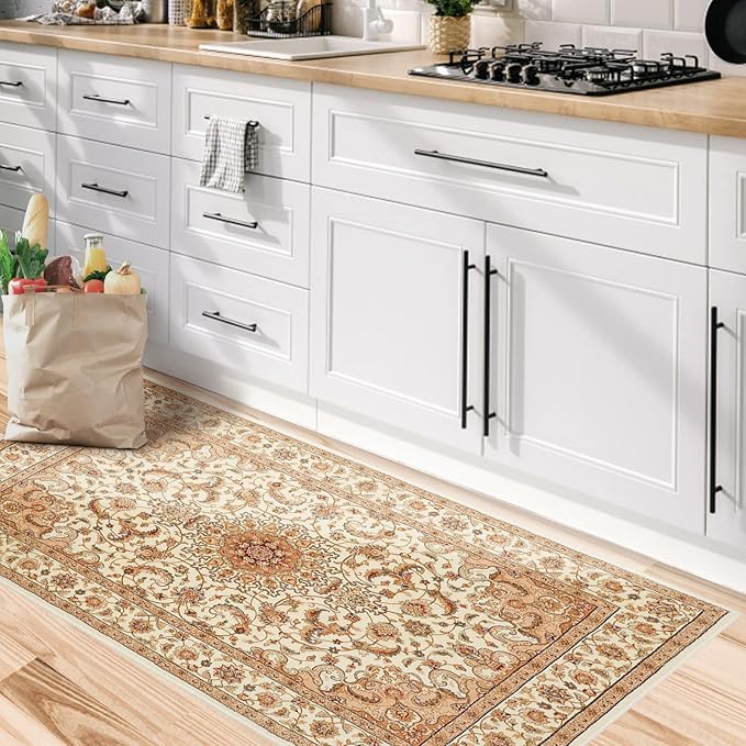 COMSLE Boho Area Rug, 2' x 4' Machine Washable Rugs for Entryway Faux Wool Small Rugs Distressed Throw Rug Non-Slip Floor Carpet for Indoor Bedroom Kitchen Living Room Cream/Beige-2