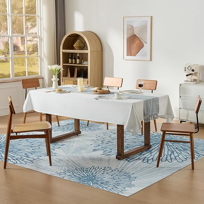 WITSHOCK 7x9 Washable Rug for Living Room,Modern Floral Distress Print Pattern Area Rugs,Stain Resistant with Non Slip Backing Carpet for Dining Room,Bedroom & Home Decor,Blue/Light Blue