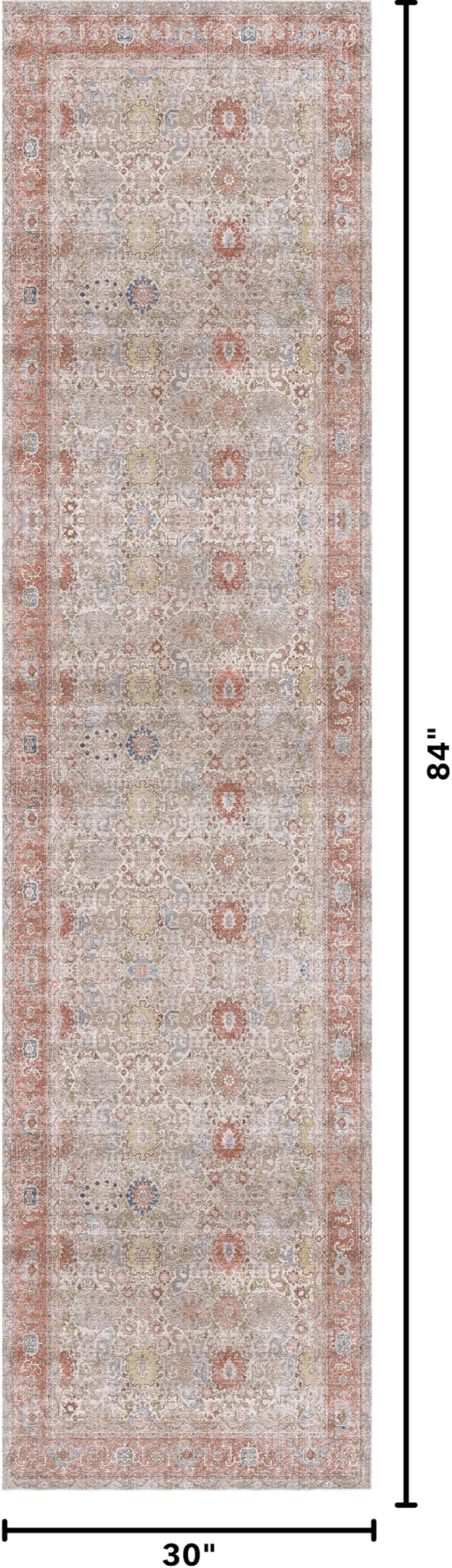 Kuden 2'6"x7' Runner Rug, Machine Washable Area Rug with Non-Slip Backing, Vintage Style, Soft, Easy Clean, Low Pile Rug for Hallway, Entryway, Kitchen, Bedroom