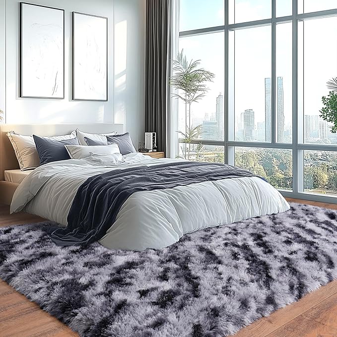 Shaggy Modern Shag Area Rug for Bedroom, Upgrade Non-Slip Plush Fluffy Carpet for Kids Room Home Decor, Plush Area Rug Tie Dye Stripes 5x7Ft