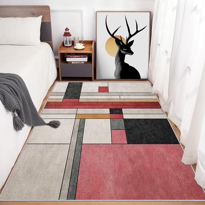 4x4 Abstract Geometric Rugs for Bedroom Decor, Washable Black White Red Geometry Pattern Area Rug, Living Room Home Decoration, Non Slip Soft Thin, Minimalist Modern Decor Carpet PF-P 49