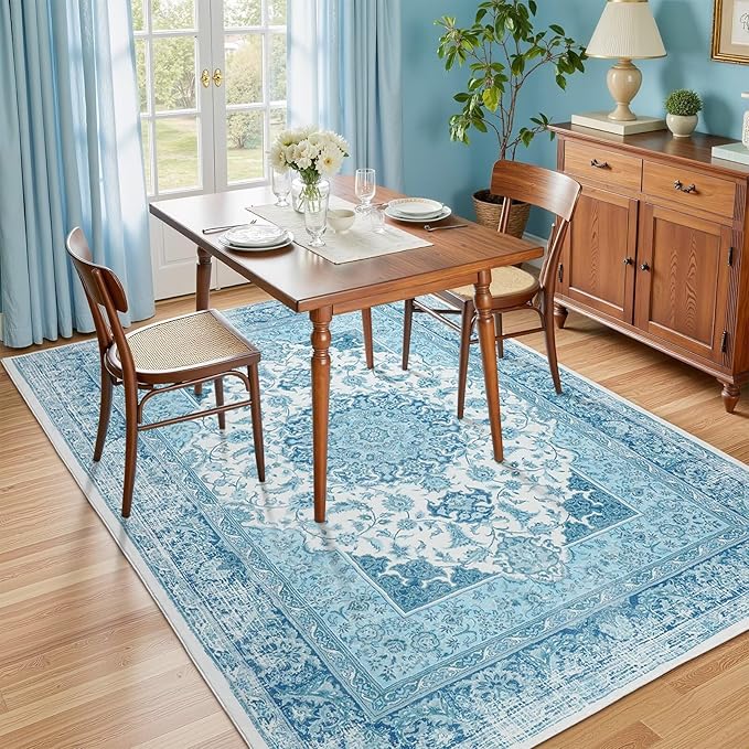 4x6 Area Rug for Bedroom, Machine Washable Rugs with Non-Slip Backing for Living Room, Soft Vintage Carpet Kitchen Laundry Kids Room Decor, Celestial Blue