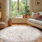 jinchan Kalen Round Rug 7ft Area Rug Washable Vintage Indoor Retro Accent Floor Cover Distressed Floral 7' Round Circle Boho Non Slip Thin Carpet for Living Room Dining Room Bedroom Kitchen Red